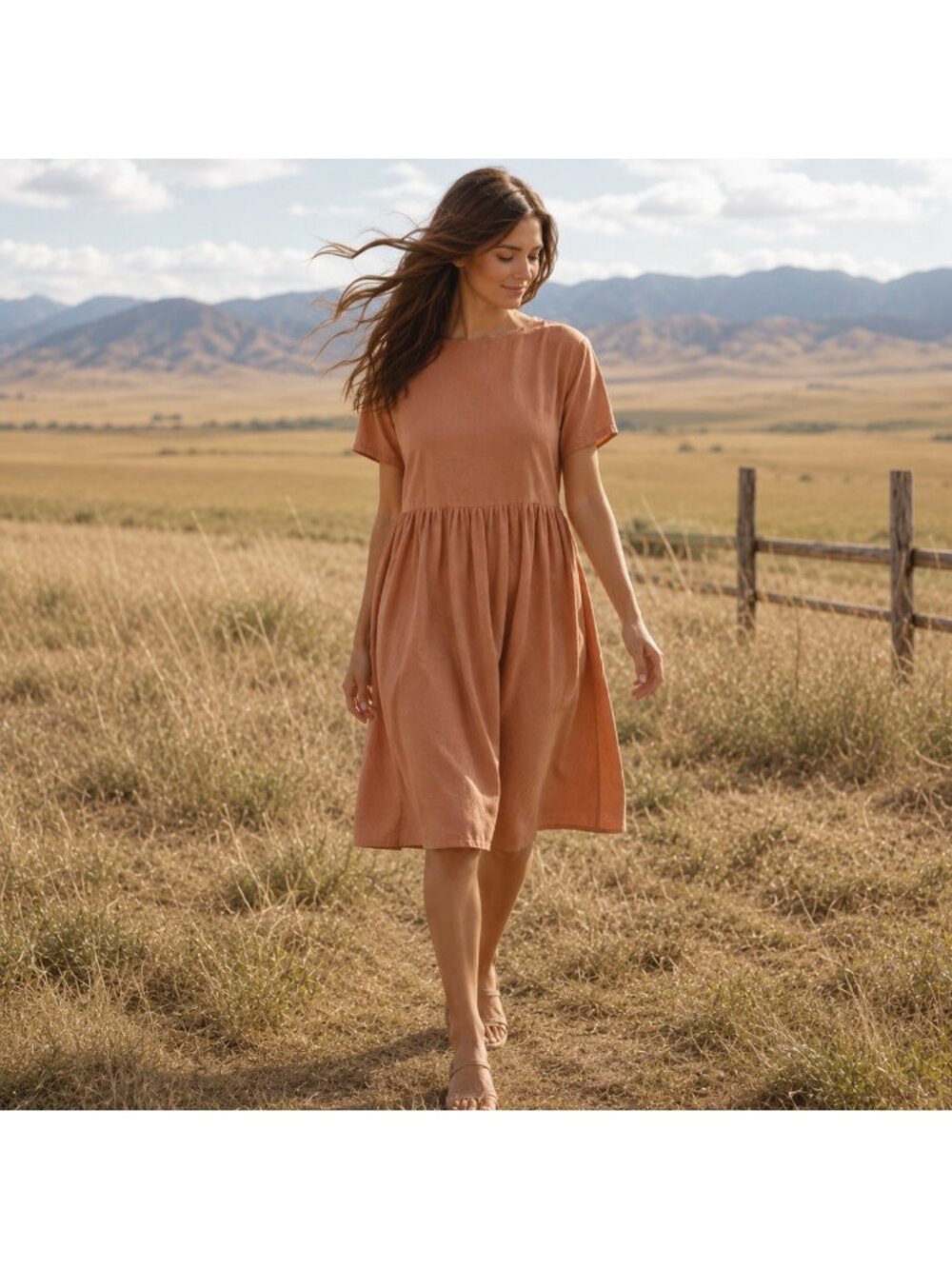 Tradlands Nico Dress Short Sleeve Brown Linen Casual Babydoll Pockets Women S